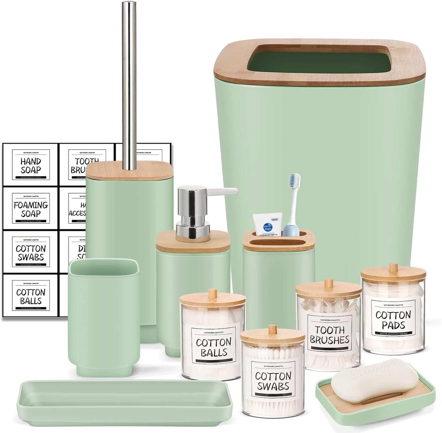 IMAVO Bathroom Accessories Set,Green Bathroom Set,11 Pieces Bathroom Accessory Set,Trash Can for Bathroom Accessories Décor and Housewarming Gifts