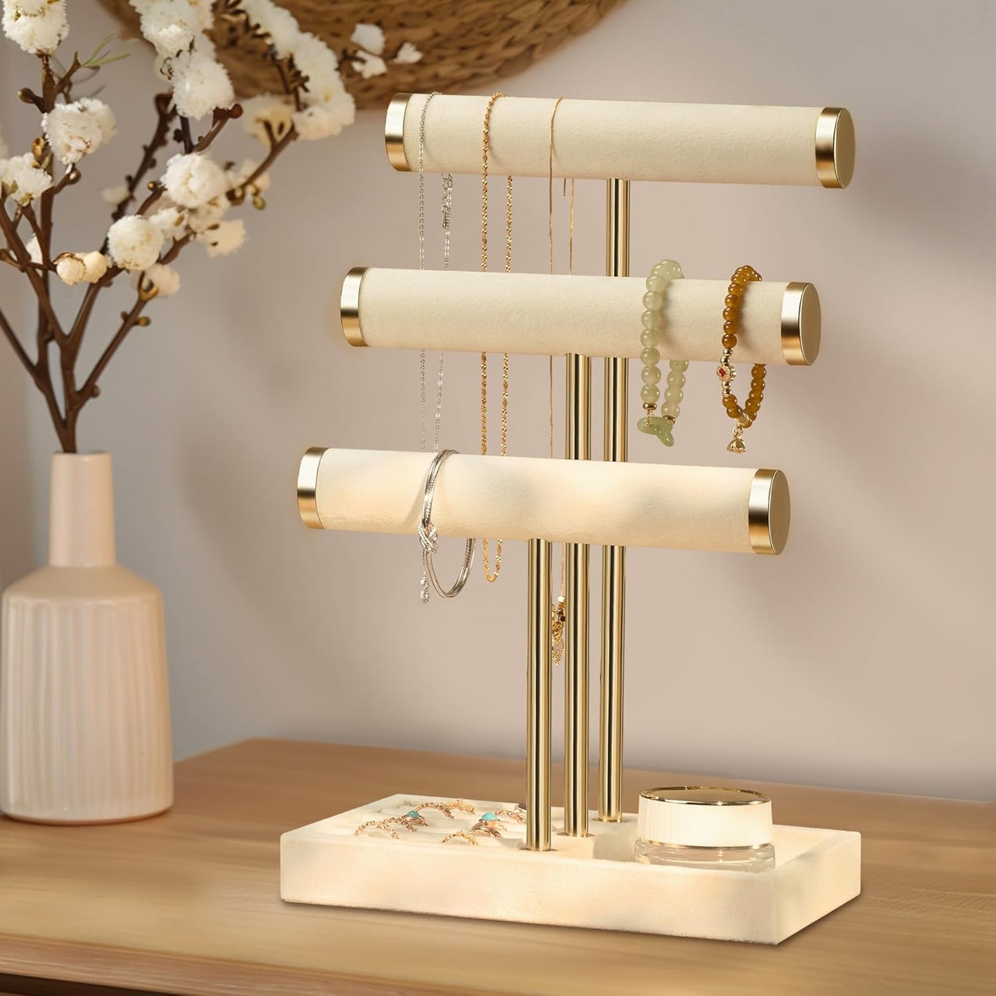 3 Tier Bracelet Holder Display - Detachable T Bar Beige Velvet Bracelet Holder, Jewelry Holder Organizer for Bracelet, Necklace, Watches, Rings