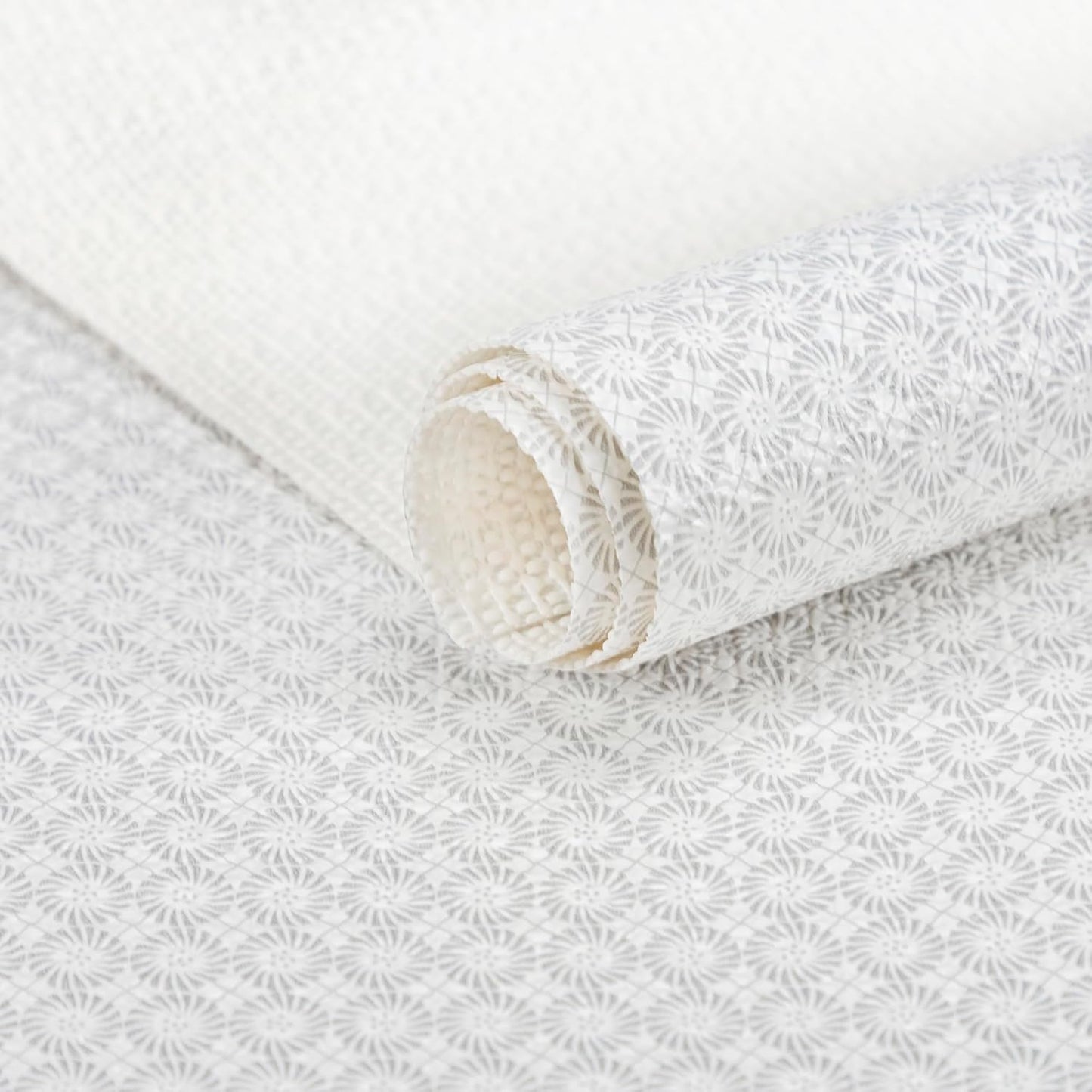 FIFTY FEET 18"x96" Non-Adhesive Shelf Liner for Kitchen Cabinets and Drawers, Washable Non-Slip PVC Cabinet Liner (White Circle)(1 Roll)