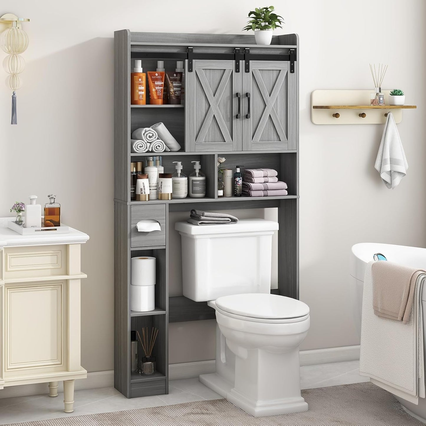 Farmhouse Over The Toilet Storage Cabinet with Sliding Door & Toilet Paper Holder Stand, Space-Saving for Bathroom & Restroom, Wash Grey