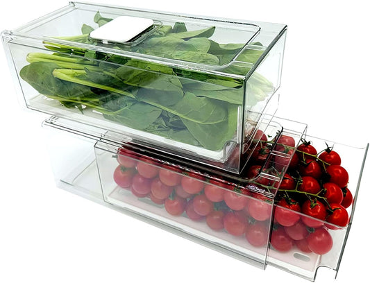 Refrigerator Organizers and Storage Drawer, Stackable Fruit Storage Containers for Fridge, Reusable Fridge Organizer fit for Kitchen Refrigerator and Restaurant Freezer (2 Drawers, Medium)