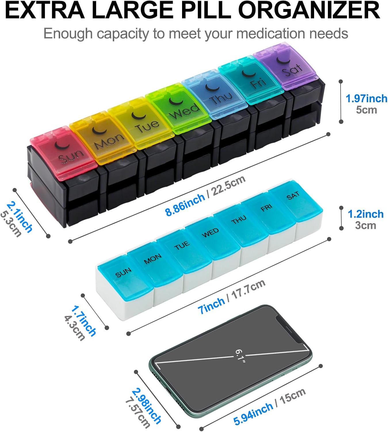 Large Pill Organizer 7 Day with Spring-Open Design- Weekly Pill Organizer 2 Times a Day with AM PM Big Compartments Pill Box for Supplements Pill Container Holder for Vitamins Medicine Organizer