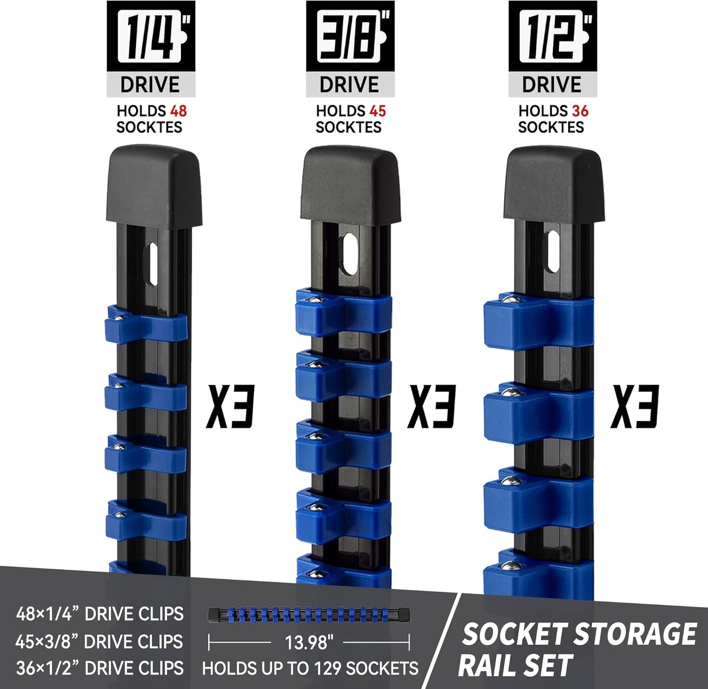 Socket Organizer Drive ABS Tools - Blue Socket Holder, Premium Quality 9 Pieces Socket Holders Kit 1/4-Inch x 48 Clips, 3/8-Inch x 45 Clips, 1/2-Inch x 36 Clips