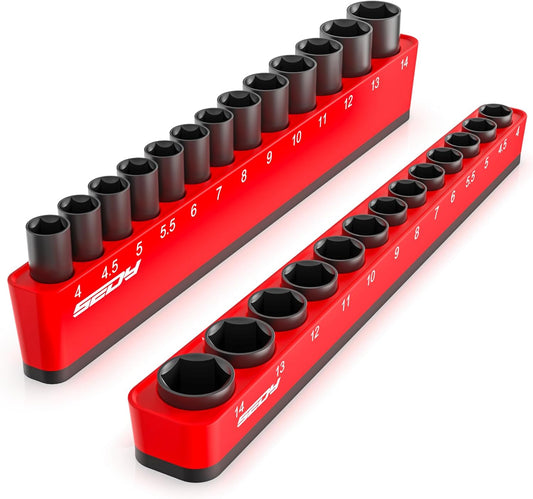 2-Piece 1/4"-Drive Metric Magnetic Socket Organizer Set (Holds 26 Sockets) - Detachable Tool Tray with 5mm Magnetic Base, Screw-Fixed Design & Heavy-Duty Modular Storage for Garage/Home Workshop
