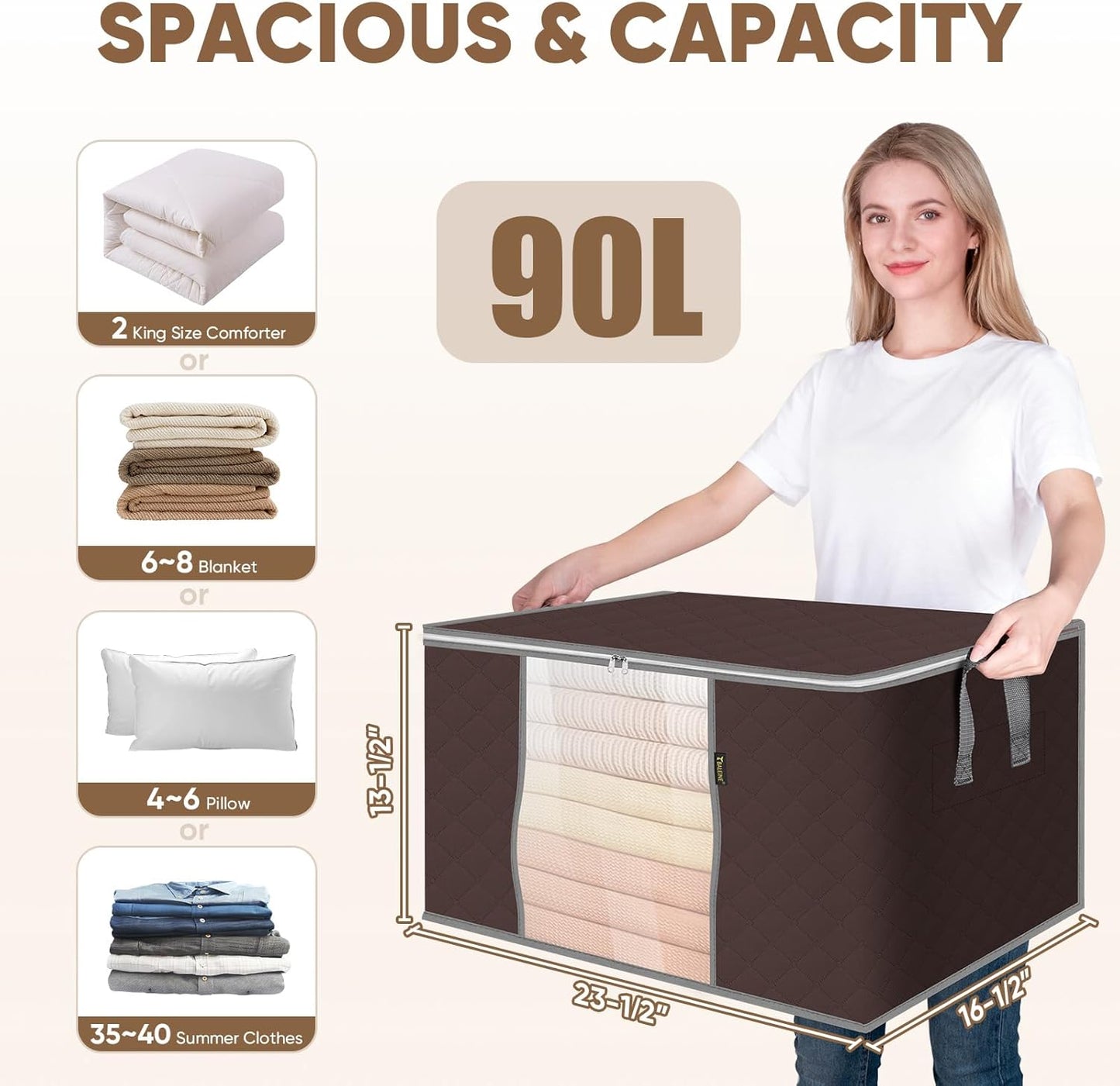 BALEINE 6 Pack Clothes Storage Bags, 24 Gallon Storage Containers with Reinforced Handle, Sturdy Zipper, Closet Organizer for Blanket, Comforter, Pillow, Bedding (Brown, 6 Pack)
