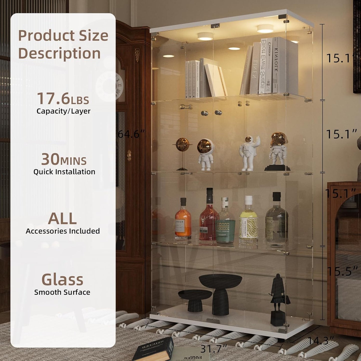 Beauty4U Glass Display Cabinet with LED Light, 4 Shelves with 2 Doors, Curio Cabinets for Living Room, Bedroom, Office, White Floor Standing Glass Bookshelf, Quick Installation