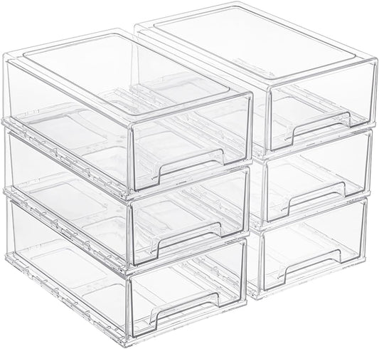 6 Pack Stackable Pull-Out Storage Drawers，Plastic Clear Organizer Bins with Handles，Easily Clean for Craft, and Toy Organization，Kitchen Undersink，Cabinet，Fridge，Closet，Pantry，Office，Bathroom