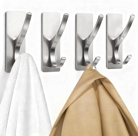 pickpiff Self Adhesive Coat Hooks for Hanging: Heavy Duty Stainless Wall Hook for Towel, Backpack, Hat, Sturdy Metal Hanger for Bathroom, Bedroom, Door, Brushed Nickel 4 Pack