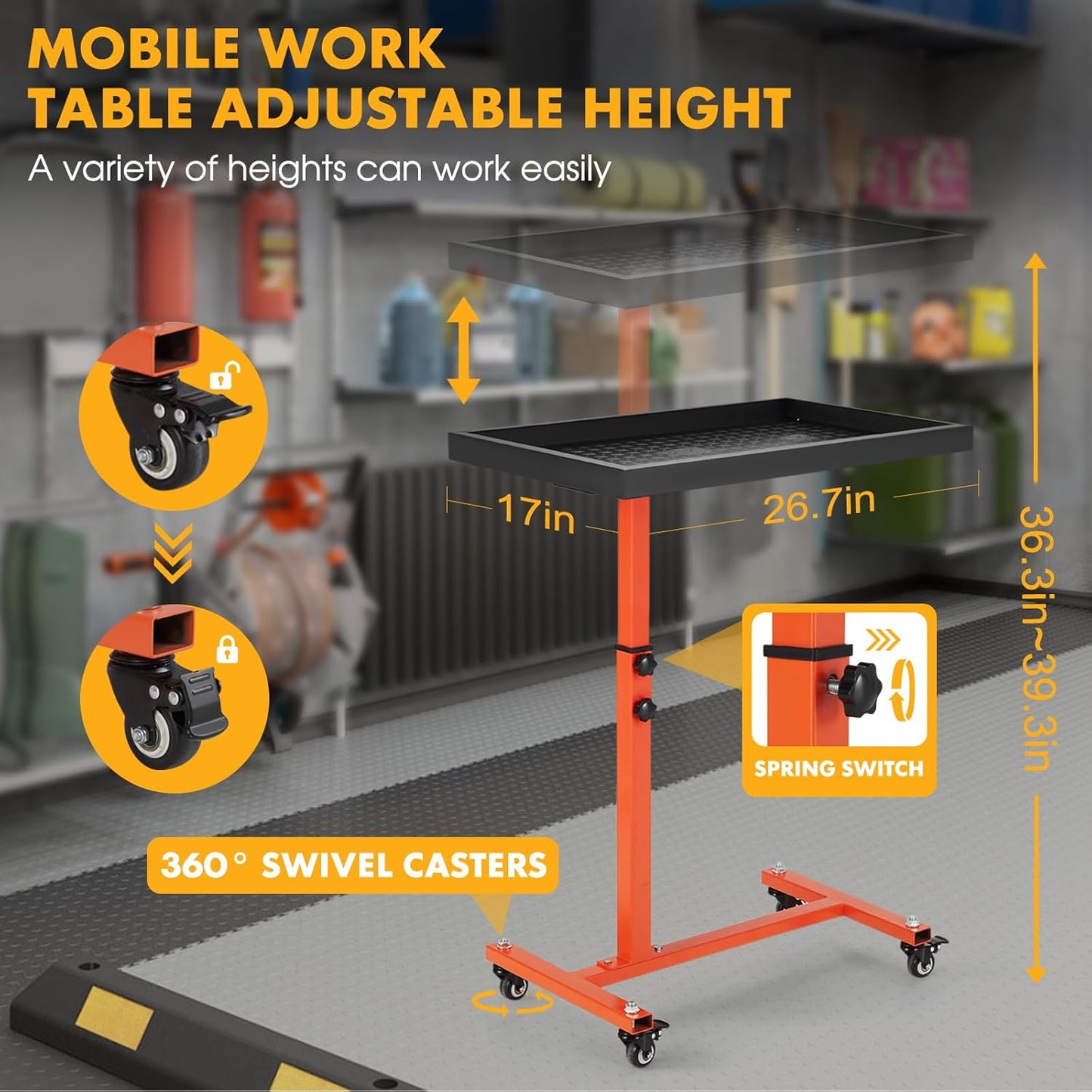 Adjustable Work Table with Wheels, Mechanic Rolling Tool Tray Table for Garage Repair Shops DIY, 220LBS Capacity Mobile Heavy Duty Steel Tool Cart (Orange)