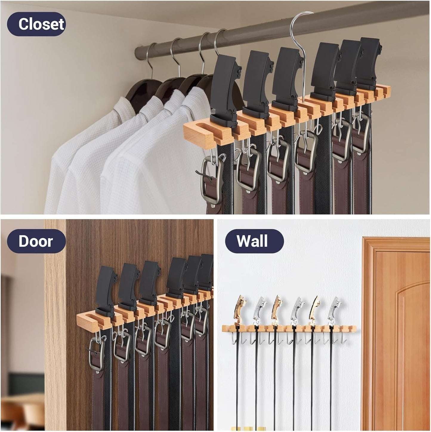 Belt Hanger Organizer for Closet: Ohuhu 2 in 1 Wall Mount Hanger 14 Slots+13 Hooks Storage Wooden Belt Organization 360 Degree Rotating Belt Display Holder for Belt Tie Scarf Accessories