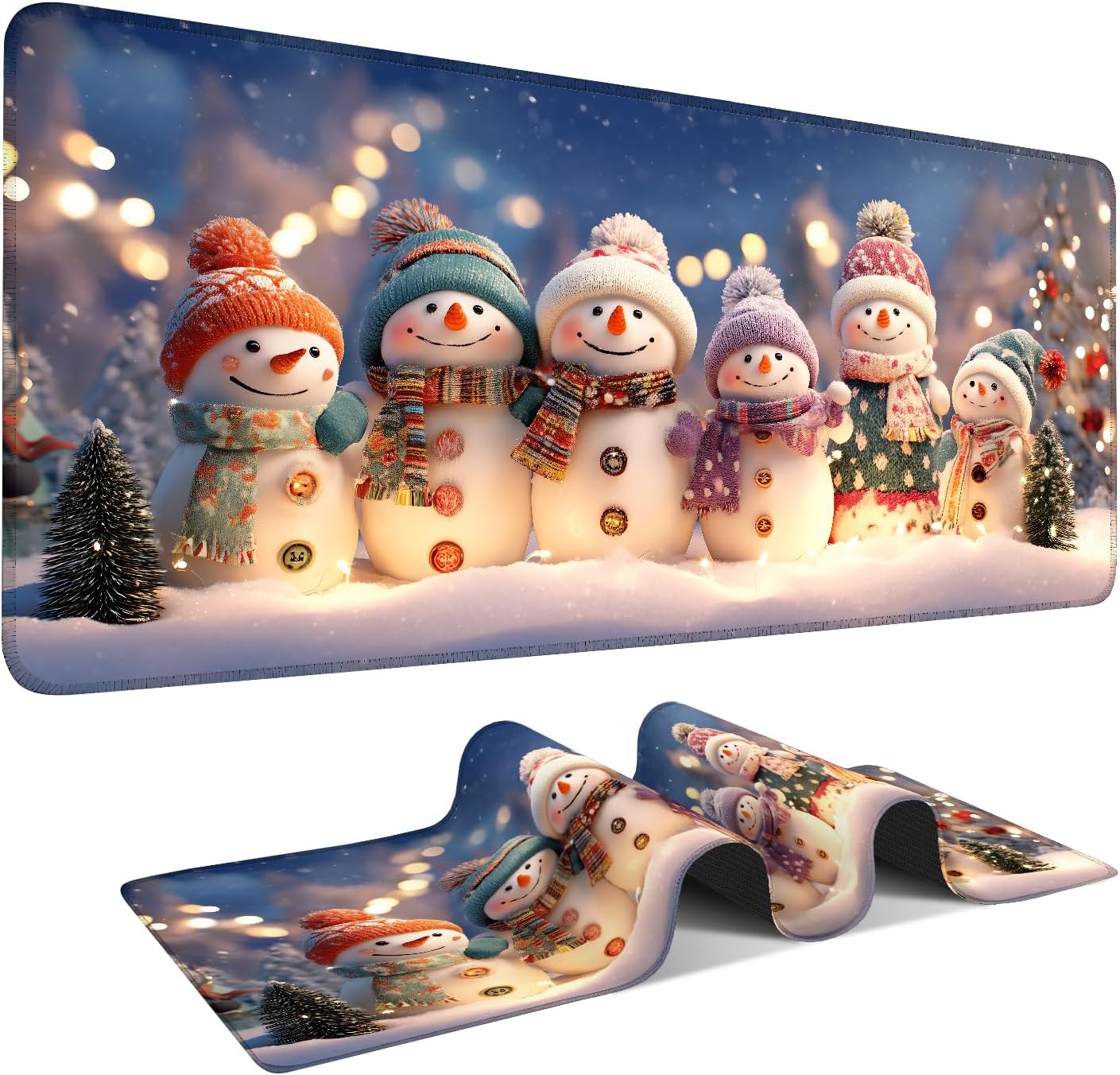 Six Snowmen Gaming Mouse Pad 35.4"x15.7"Desk Mat Anti-Slip Rubber Base & Durable Stitched Edges for Gamers Smooth Mouse Writing Surface for Desk Office/Home