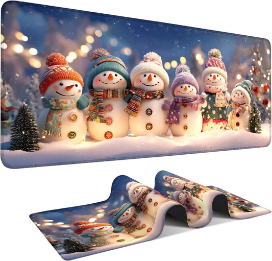 Six Snowmen Gaming Mouse Pad 35.4"x15.7"Desk Mat Anti-Slip Rubber Base & Durable Stitched Edges for Gamers Smooth Mouse Writing Surface for Desk Office/Home