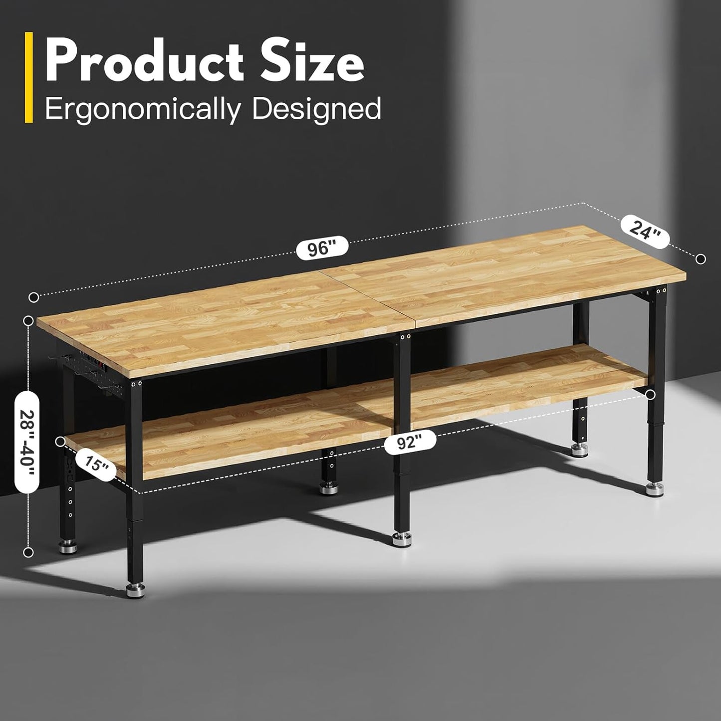 96” Adjustable Work Bench, 2-Layer Heavy Duty Workbench, 6000 LBS Capacity Workbench with Pegboard & Power Outlet, Rubber Wood Work Table for Garage, Office, Workshop, Home