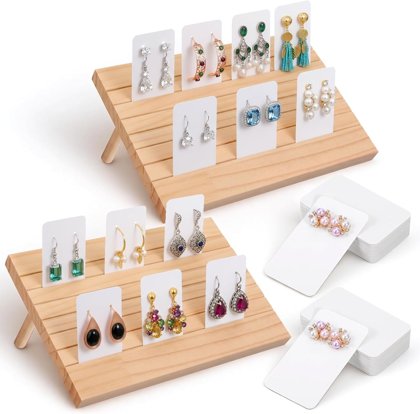 2 Pcs Natural Wood Earring Display Stands with 60 Pcs Earrings Display Cards, 7 Slots Wood Earrings Card Holder, Jewelry Displays Holder with Earring Cards, Jewelry Stands for Selling