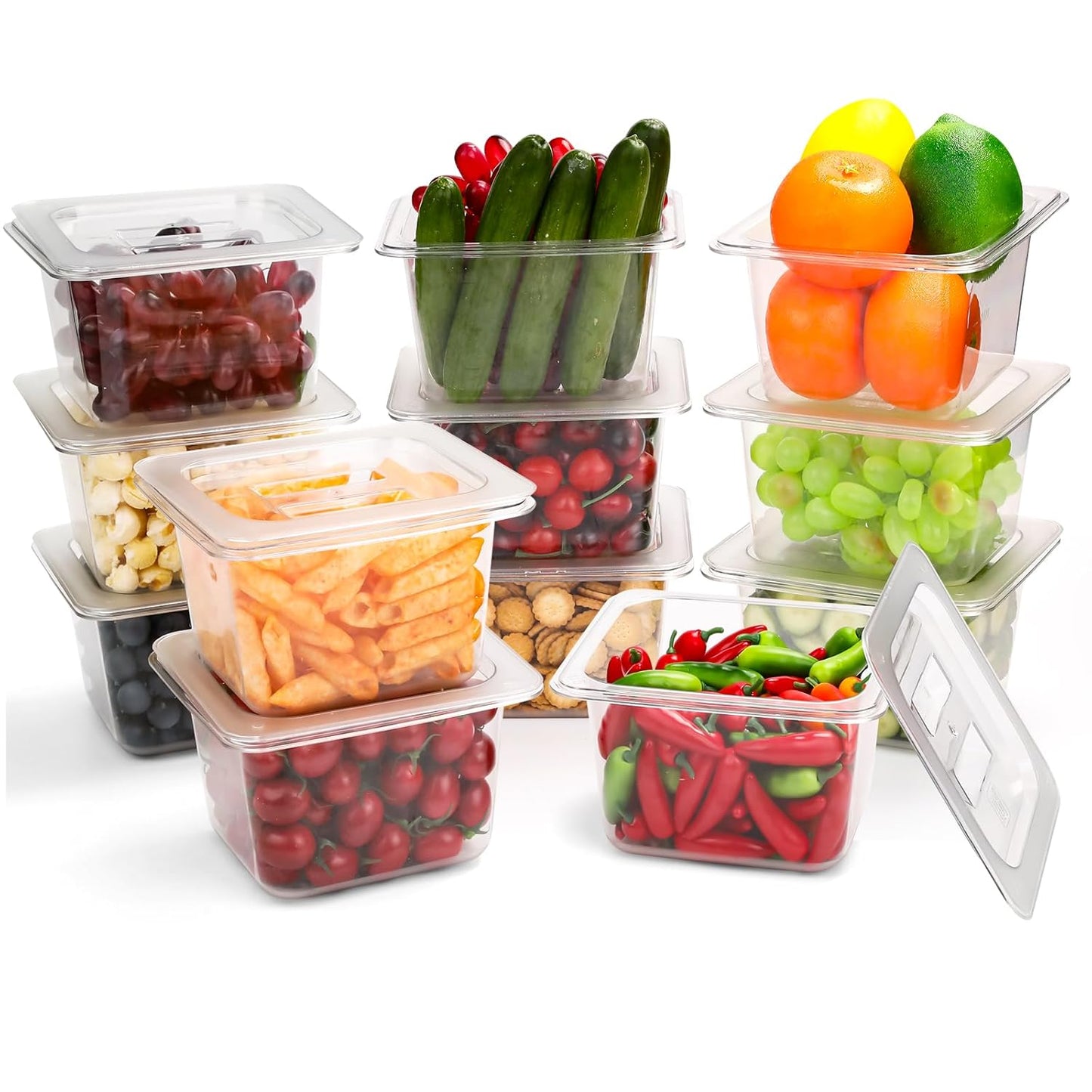 VOISEN 12 Pack Plastic Food Pan with Lids 1/6 Size 4 Inch Deep Commercial Food Storage Containers for Fridge Salad Fruits Vegetables Clear Restaurant Polycarbonate