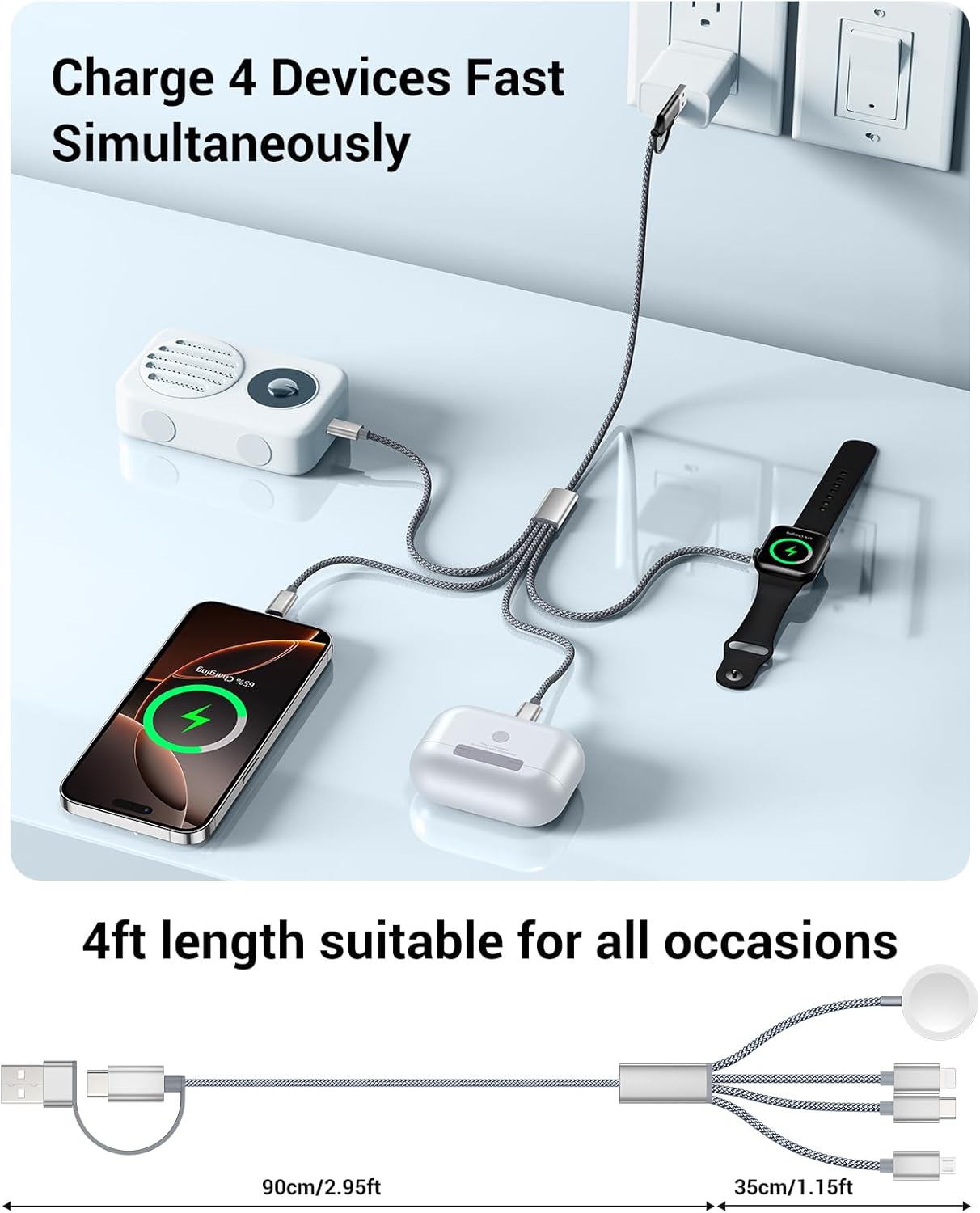 Temdan for Apple Watch Charger,4 in 2 USB C Cable for iPhone 17 Charger/Type C/Lightning/Micro USB,Multi Charging Cable Cord,Travel Vacation Essentials Designed for iWatch &iPhone 16-12-Grey