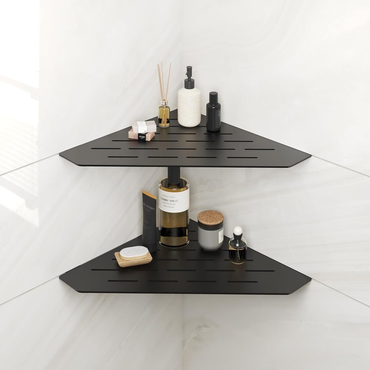 FerdY 2-Pack 10" Matte Black Recessed Corner Shower Shelf, for Tiled Bathroom Walls, 304 Stainless Steel Floating Shelf, Shower Caddy Storage Shelves, No Drilling Required, Striped Diamond