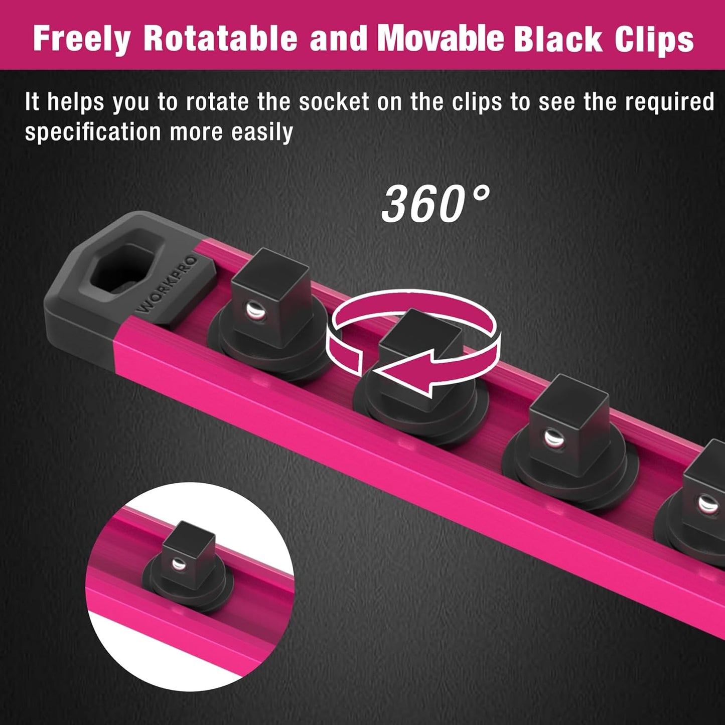 WORKPRO Magnetic Socket Organizer, 1/4-Inch Drive Aluminum Alloy Socket Rail, Heavy Duty Socket Holder, Socket Rack Kit 1/4-Inch x 12 Clips Rose Red (Socket not Included)