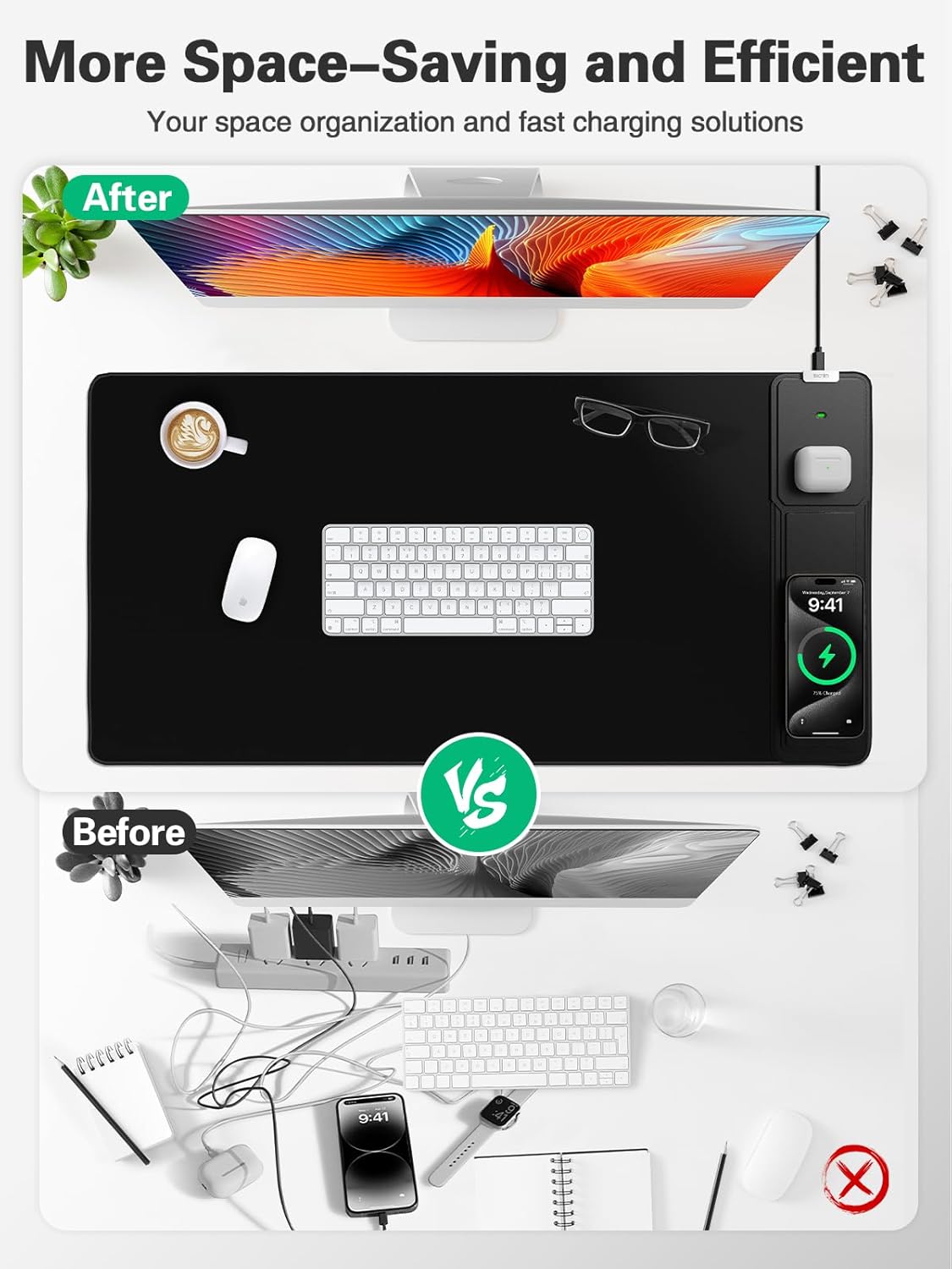 Mouse Pad, Office Desk Mat, Large Gaming Mousepad with Superior Micro-Weave Cloth, XXL Desk Pad with Stitched Edges, Non-Slip Writing Pad for Gamer, Laptop, Work & Home (Black Charging On The Right)