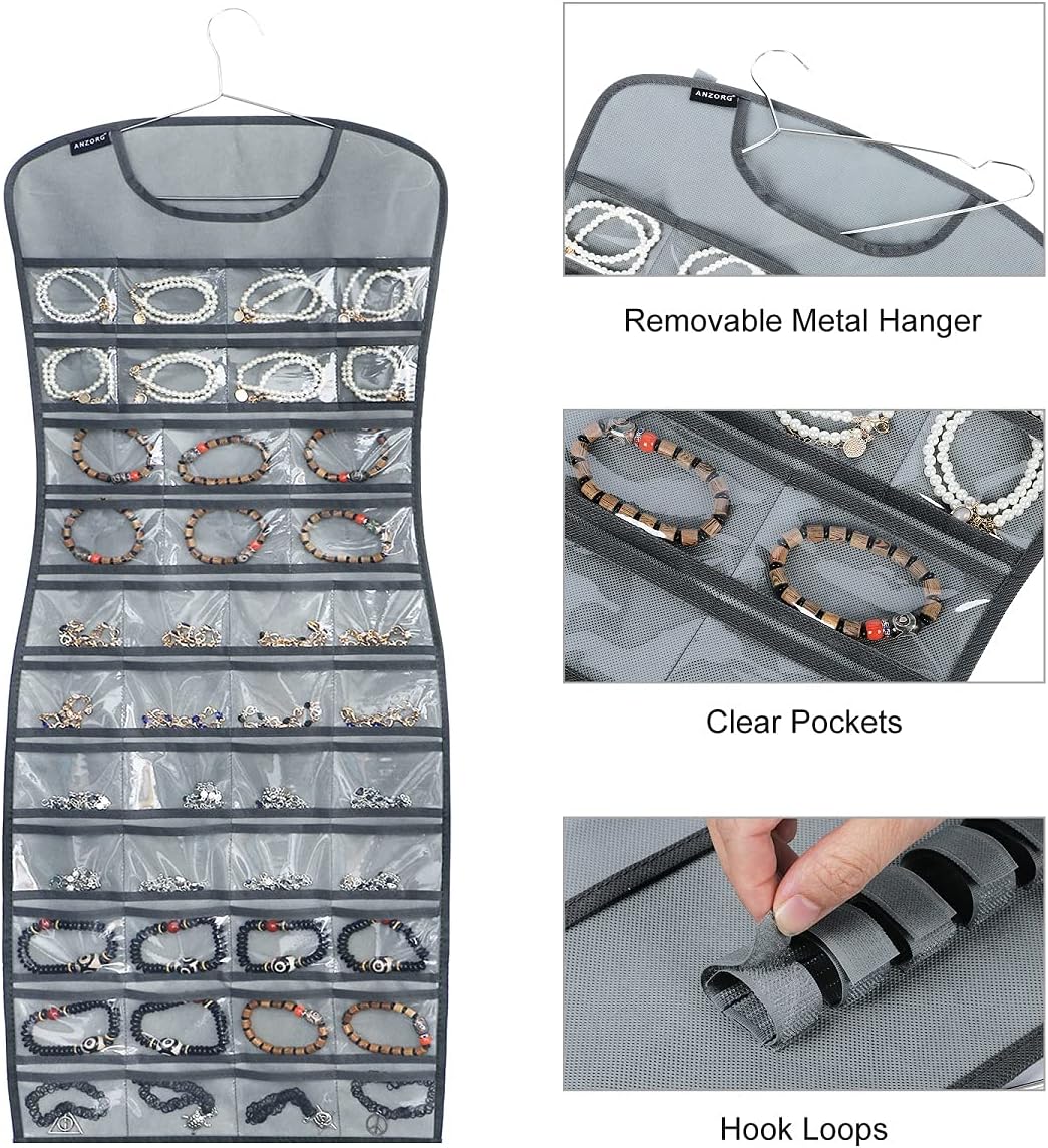 Hanging Jewelry Organizer Dual Sided 84 Clear Pockets and 6 Hook Loops Storage for Holding Jewelries Hair Accessories Dress Shaped Earring Holder (84 Pockets and 6 Hook Loops -Grey)
