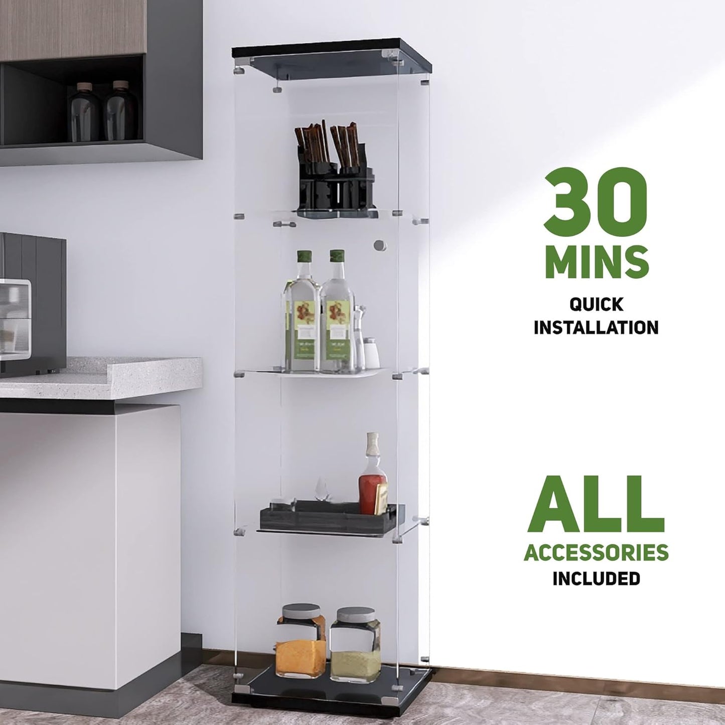 Beauty4U Glass Display Cabinet with 4 Shelves, Curio Cabinets for Living Room, Bedroom, Office, Black Floor Standing Glass Bookshelf, Quick Installation
