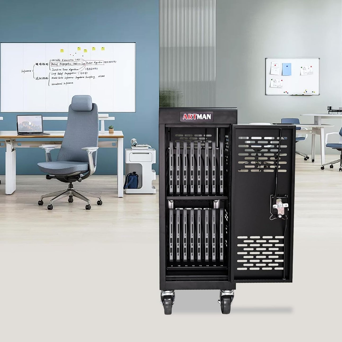 Laptop Charging Cart, 16 Device Tablet Storage Carts for iPad Up to 16.3" Screen Size, Mobile Charging Station for Classroom, with Cord Organizer, Front and Back Access Locking Cabinet Black