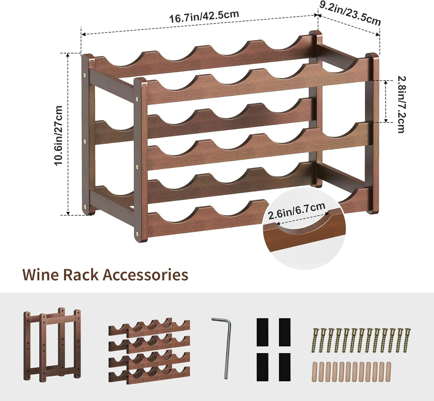 Wine Rack,Bamboo Wine Racks Countertop,Sturdy Wine Rack for Inside Cabinet &Freestanding Floor, 3-Tier 12 Bottles Racks for Kitchen,Cabinets,Home Bar,Wine Storage Racks(3-Tiers)
