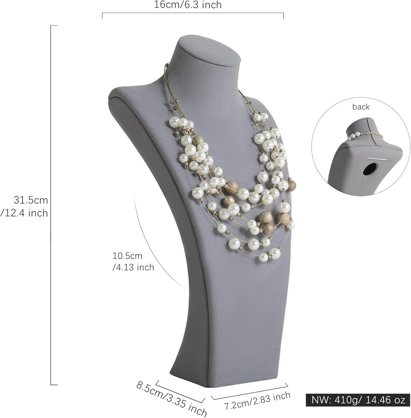 GemeShou Grey necklace storage organizer for sale, Velvet necklace holder stand, jewelry bust display stands, Jewelry Mannequin for Countertop, Showcase【Grey-Large height 12.4 inch】