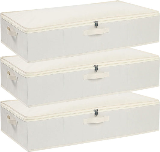 Clothes Organizers, Under Bed Storage Containers, Storage Bins With Lids and Reinforced Handles, Beige, 3 Pack, 23.6 x 11.8 x 5.9 Inch