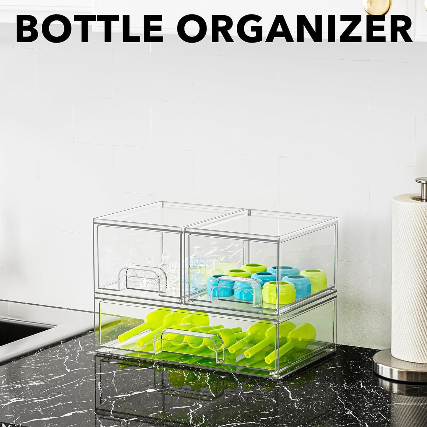 SpaceAid Bottle Storage Organizer Baby - Acrylic Bottles Station Organizer Container, Stackable Clear Drawers for Countertop, Vanity, Bathroom, Cabinet, Pantry Organization, 3 Pack, 2S1L, 7.8"H