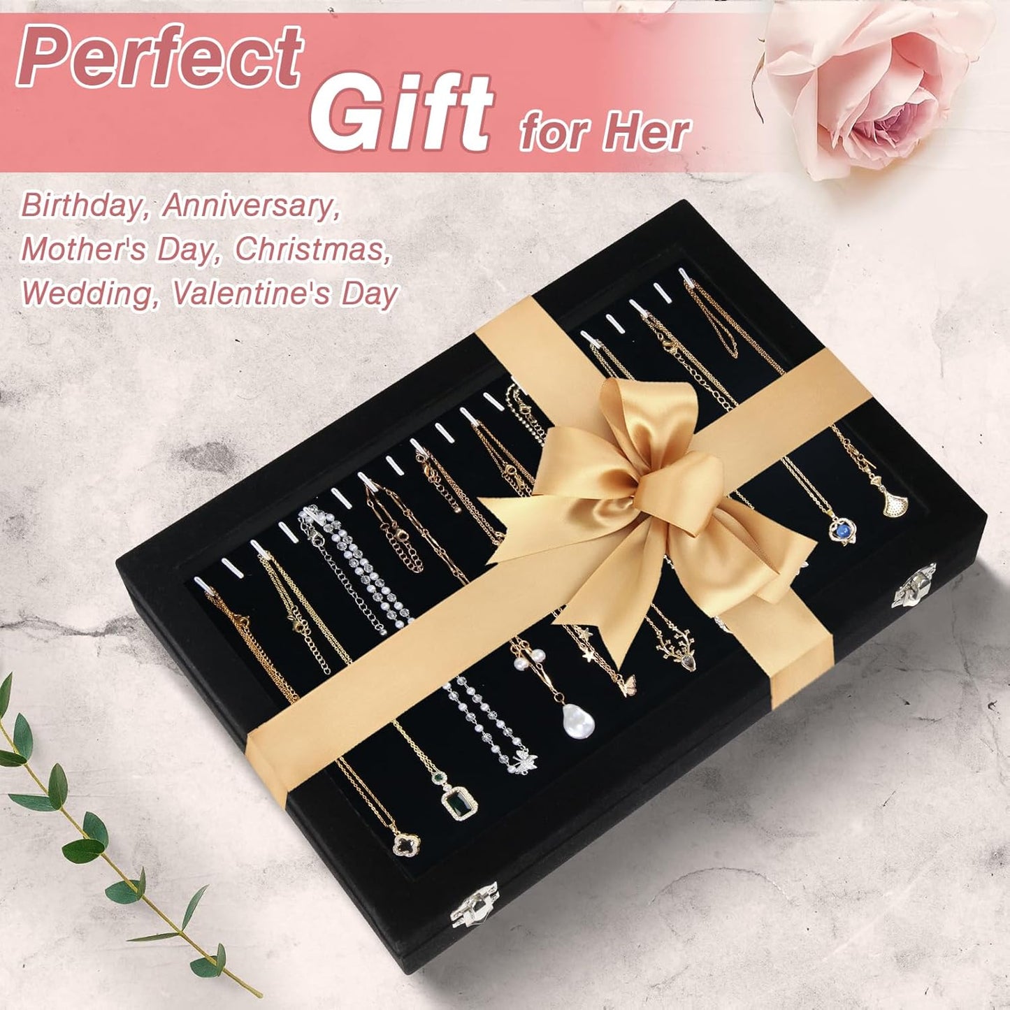Cirhy Necklace Organizer Box, Anti-Tarnish Jewelry Box & Dustproof Necklace Case, Velvet Jewelry Tray for Drawer Storage, Tangle-Free Jewelry Organizer with Clear Lid, Christmas Gift for Women & Girls