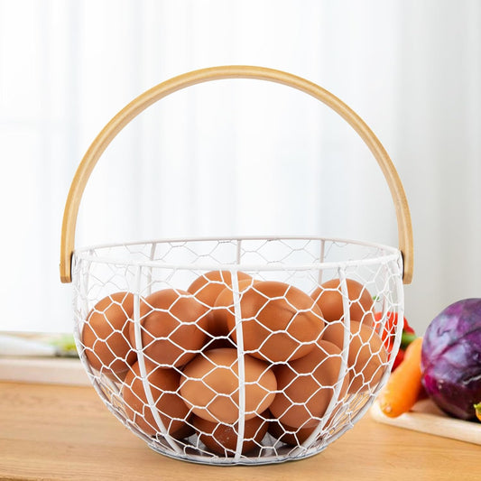 Farmhouse Wire Egg Basket for Gathering Fresh Eggs with Wooden Handle, Vintage Style Metal Egg Collecting Basket Countertop Storage Container Holder for Kitchen Decor and Fruit Bin (White)