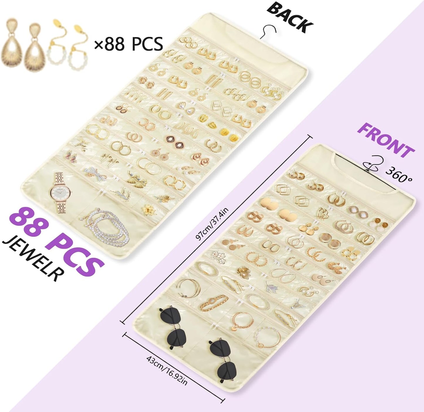 FOREGOER Hanging Jewelry Organizer with 88 Zippered Pockets, Dustproof Foldable for Travel, Accessories Organizer for Holding Jewelries Earring Organizers and Storage (Beige)