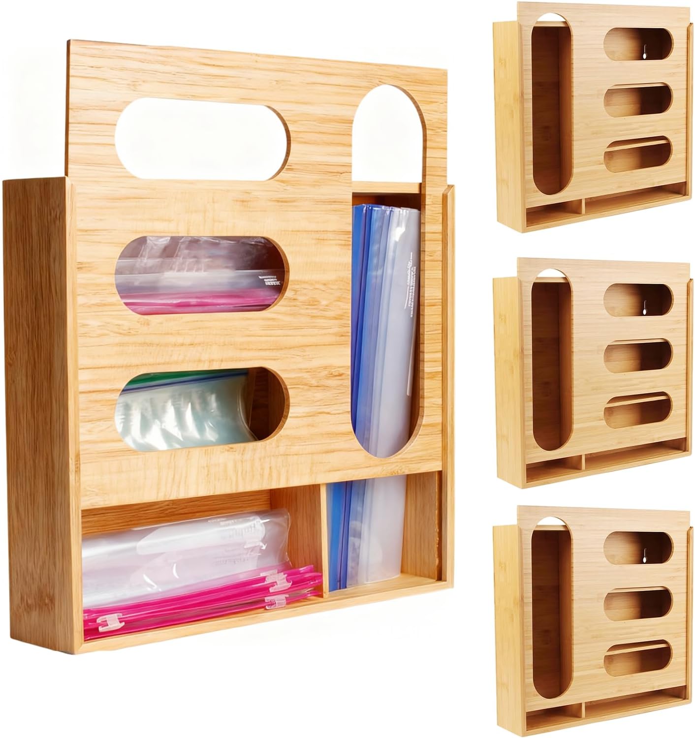 Storage Bag Organizer, Bamboo Ziplock Holder Baggie Organizer for Drawer and Wall Mount, Compatible with Gallon, Quart, Sandwich, Snack,DessertSize Bag (1)