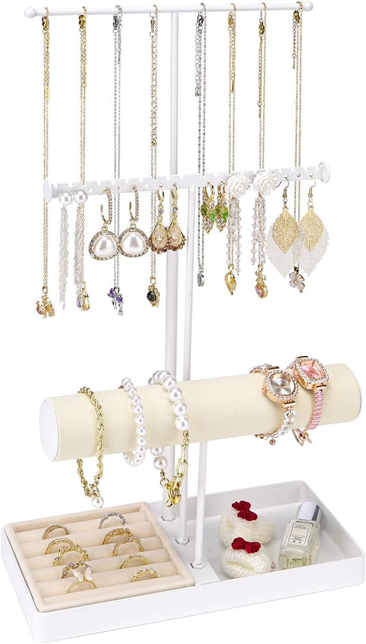 Cirhy Jewlery Holder Necklace Stand, Adjustable Necklace Holder with Velvet Ring Tray, Jewelry Display Rack for Hanging Necklaces, Bracelets, and Earrings, Gifts for Her (White)