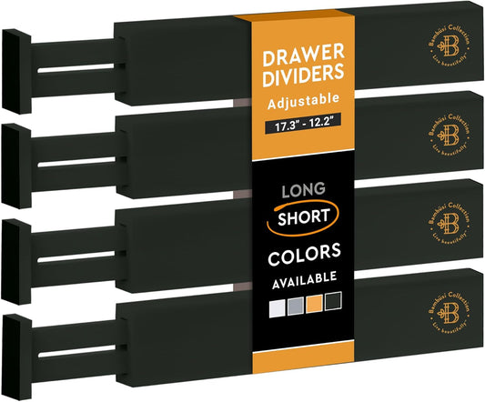 4 Pack Drawer Divider - Bamboo 2.6" High, 12.5-17" Adjustable Drawer Organizers for Clothes, Expandable Dresser Separators in Bedroom, Bathroom, Kitchen, Office Organization and Storage (Black)