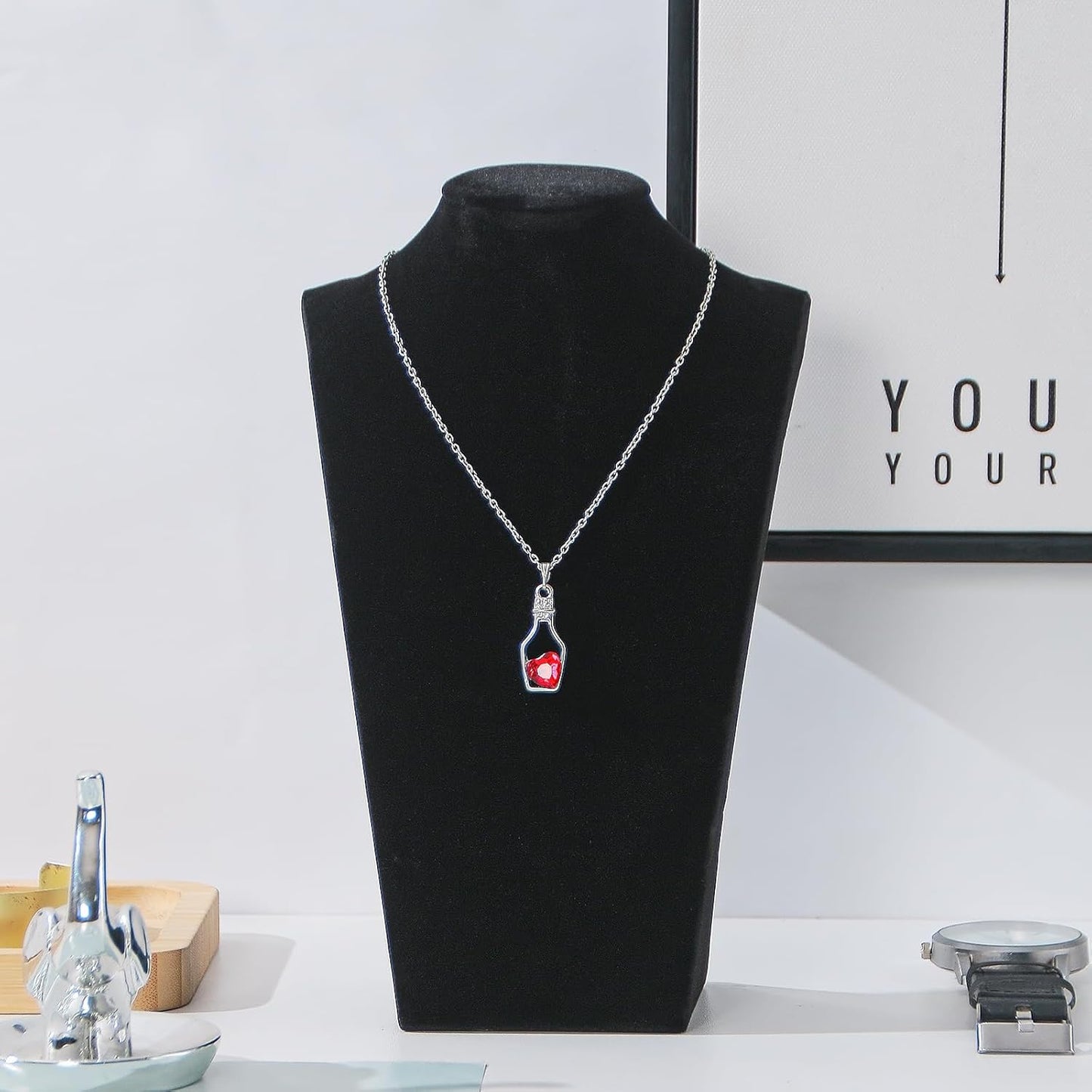 Necklace Bust Display Stand, Black Velvet Necklace Display Holder, Jewelry Necklace Organizer Rack for Home Use or Shop Show (9" Height)