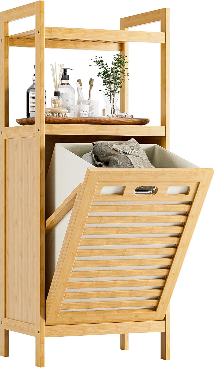 HITNET Tilt Out Laundry Hamper, Bamboo Laundry Basket with Foldable Bag and 2 Open Shelves, Freestanding Clothes Storage Organizer for Bedroom, Bathroom, Living Room, Natural