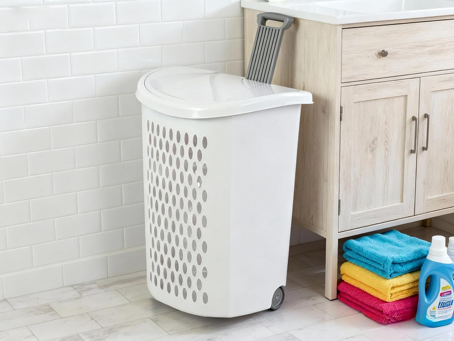 Large Capacity Laundry Basket with Wheels and Telescopic Handle - Ventilation Holes for Freshness - Portable Laundry Hamper for Apartments Dorm Rooms - White