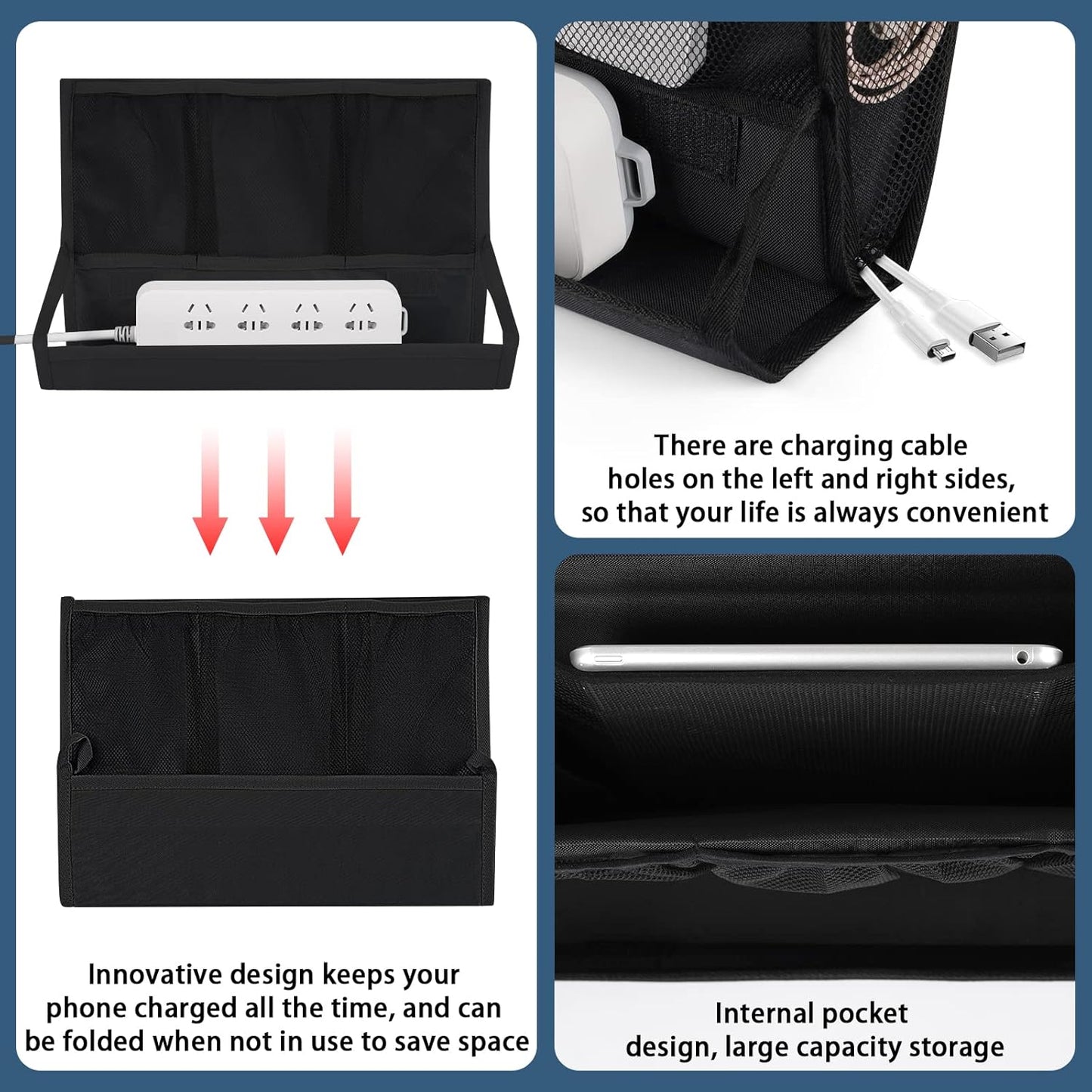 Bedside Storage Organizer with Power Strip Holder and Adjustable Straps Bed Hanging Bag for Home Bunk Bed Dorm Sofa (Black)