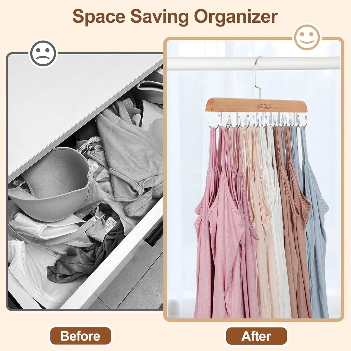 TOPIA HANGER Bra Hanger for Closet, Tank Top Hangers 20 Hooks Capacity Foldable Wood Space Saving Hangers Closet Organizer for Bra, Tank Top, Scarf, Belt, Tie, Hoodie etc - CT46N