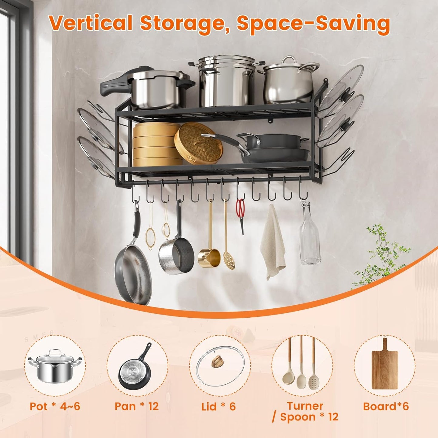 VOPEAK 30" Pot Rack Wall Mounted with 6 Detachable Pot Lid Holders,12 Adjustable S Hooks for Hanging Pans,2 Tier Black Heavy Duty Metal Shelves for pots and pans Organizer,200lbs Capcity,Space Saving