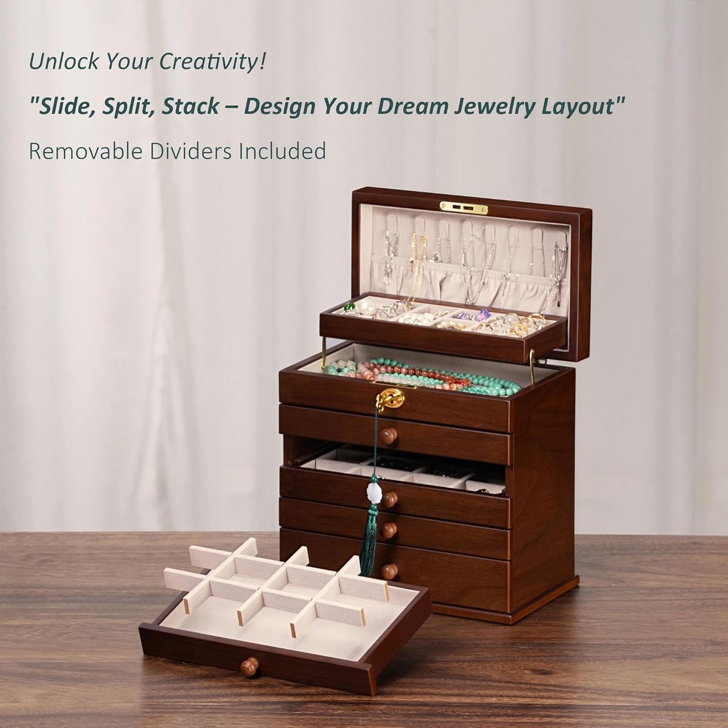 Jewelry Boxes and Organizers - Large Wooden Lockable Cabinet with Key, 8-Layer dresser top jewelry organizer, Vintage Jewelry box for Women and Men GiftIdea
