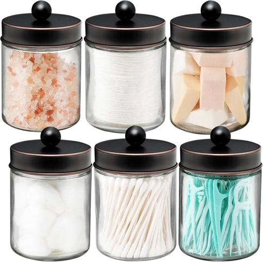 Amolliar 6 Pack Apothecary Jars Bathroom Vanity Organizer- Rustic Farmhouse Decor Storage Canister with Stainless Steel Lids- Qtip Dispenser Holder for Q-Tips,Cotton Swabs,Rounds,Ball,Flossers
