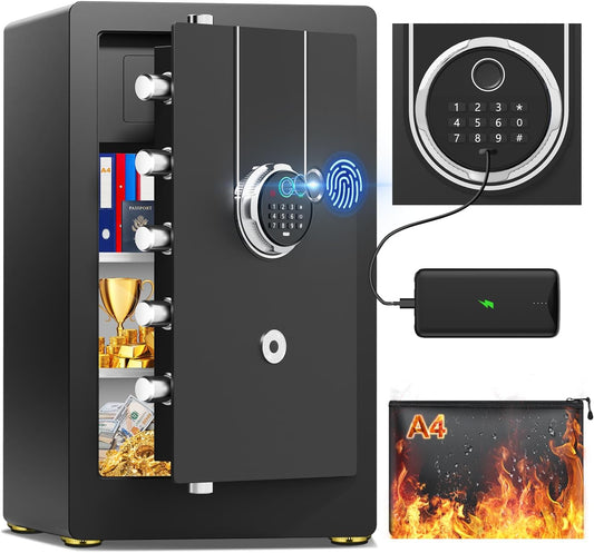 8.1 Cuft Heavy Duty Biometric Safe Box with Fireproof Waterproof Bag, 31.49'' H Large Document Storage with Bottom Hidden Compartment, Anti-Theft Dual Alerts, Mute Mode, Digital Security for Business