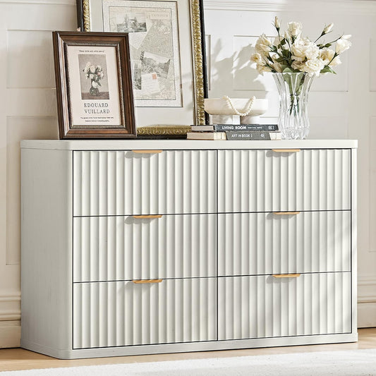 LEYAOYAO Fluted 6 Drawers Dresser, 48" Wide Modern Chest of Drawers with Wood Grain Top, Curved Profile Design, Dresser TV Stand, Wood Drawer Organizer for Bedroom, Living Room, Antique White