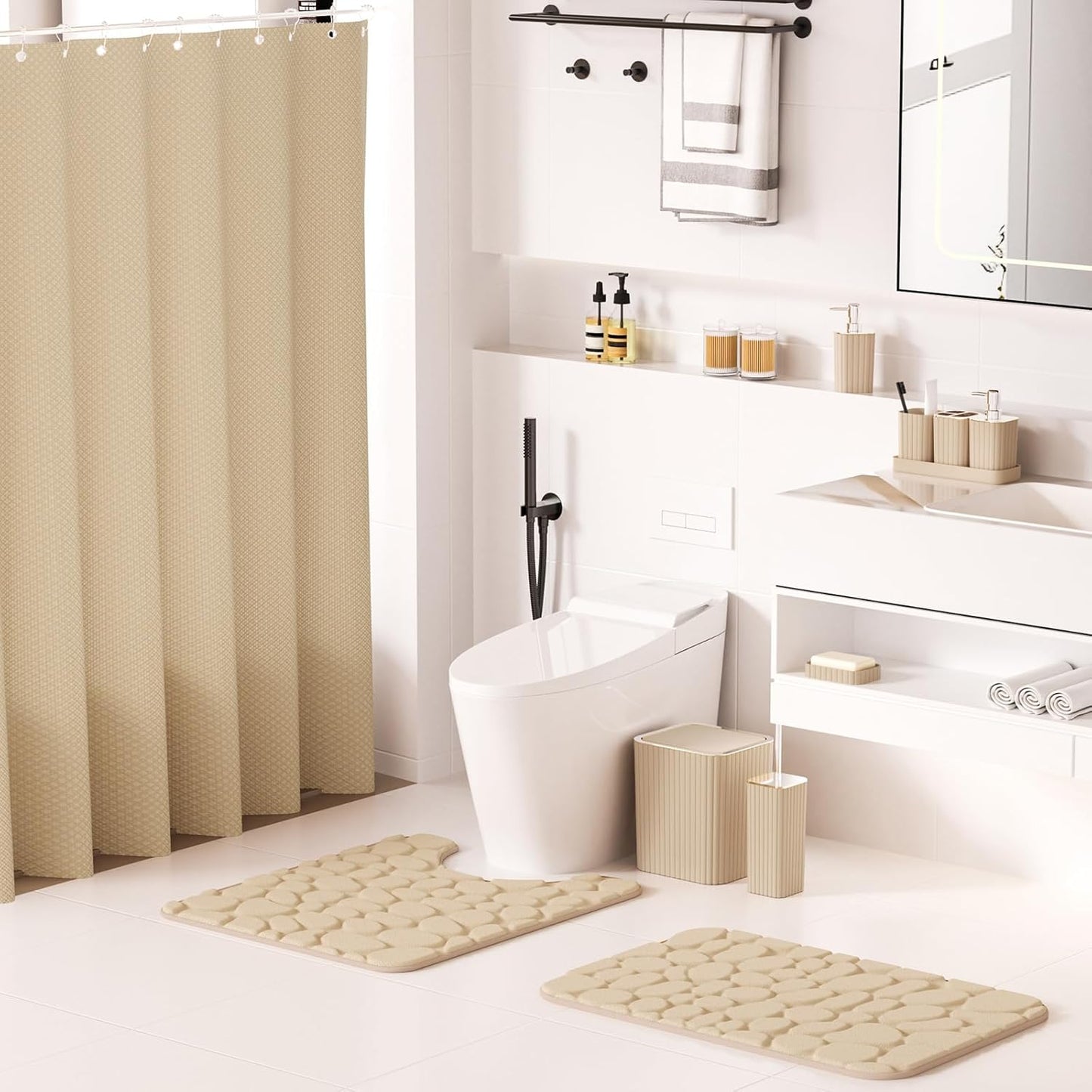 Bathroom Accessories Set - 25PC Bathroom Sets with Shower Curtain and Rugs, Beige Bathroom Set with Trash Can, Soap Dispenser, Soap Dish & Toilet Brush