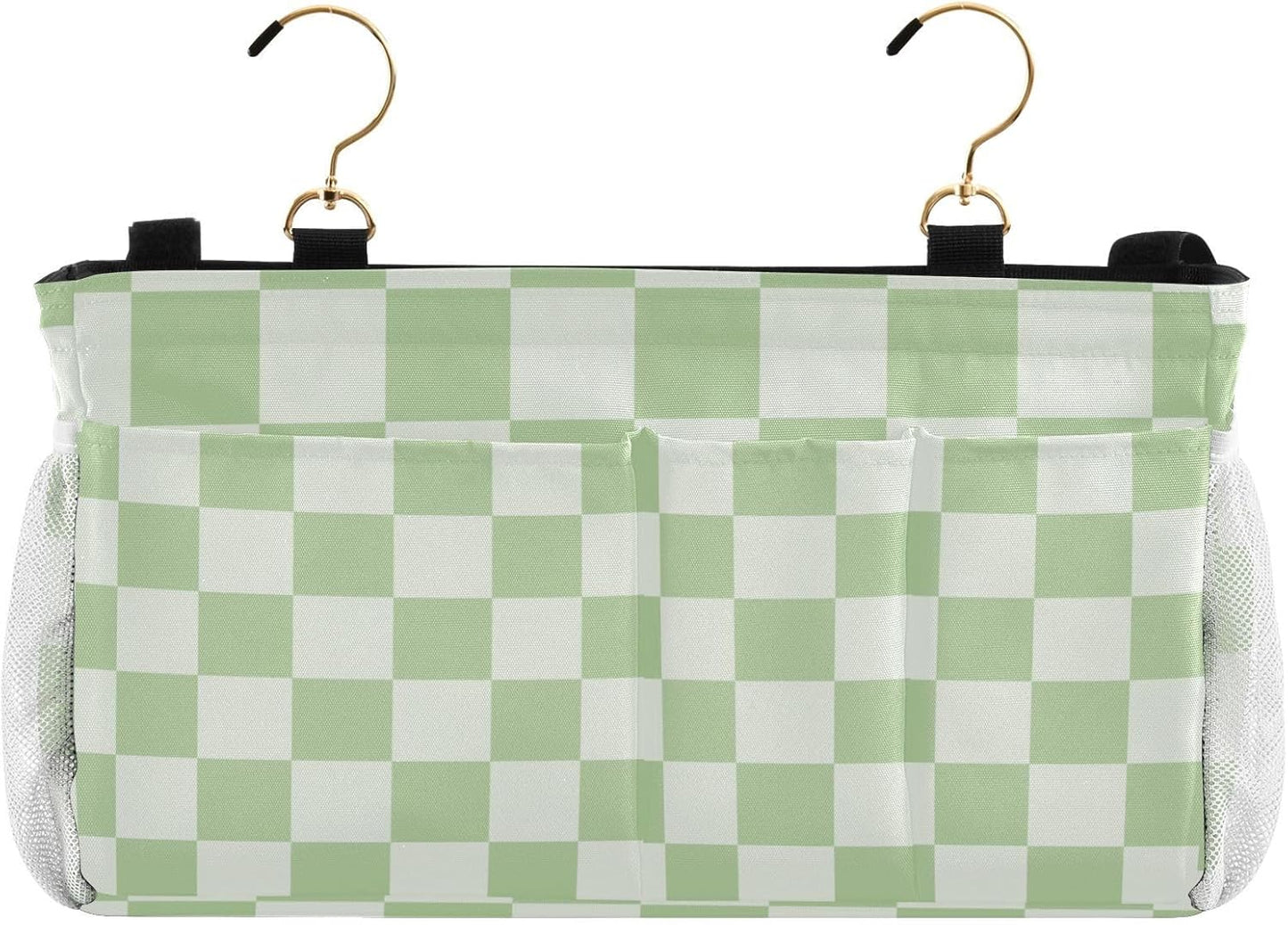 Checkered Mint Green and White Bedside Caddy for Dorm Bed Bedside Hanging Caddy Bag Iron Frame Storage Organizer Pocket for Bunk Home College Hospital Beds 2 Hooks