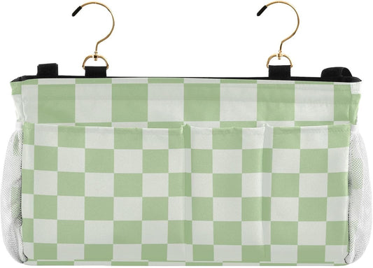 Checkered Mint Green and White Bedside Caddy for Dorm Bed Bedside Hanging Caddy Bag Iron Frame Storage Organizer Pocket for Bunk Home College Hospital Beds 2 Hooks