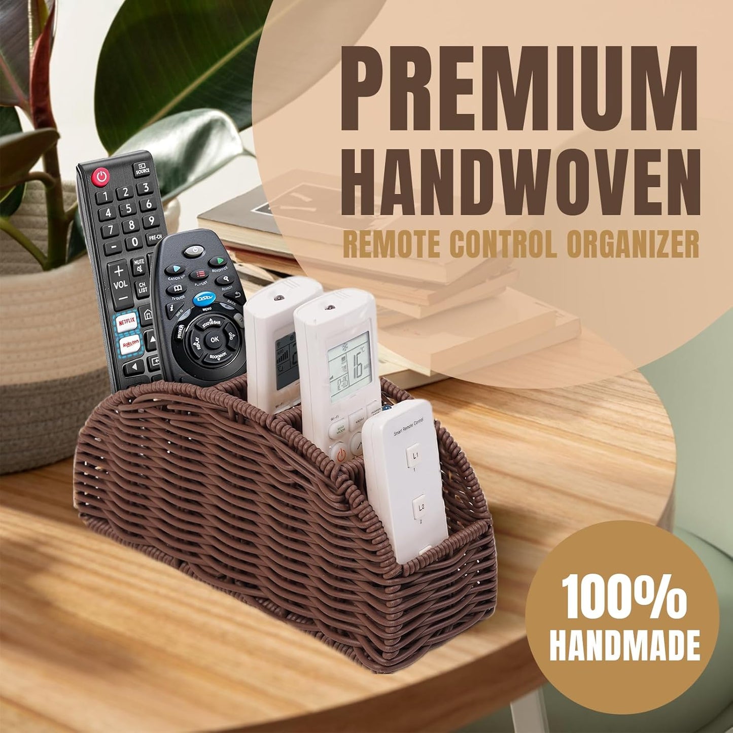 5-Compartment Remote Control Holder – Synthetic Rattan Organizer for TV Remotes, Makeup Brushes, Office Supplies, Stylish Wicker Desk Caddy for Living Room, Bedroom, Office, Patent Pending (Brown)